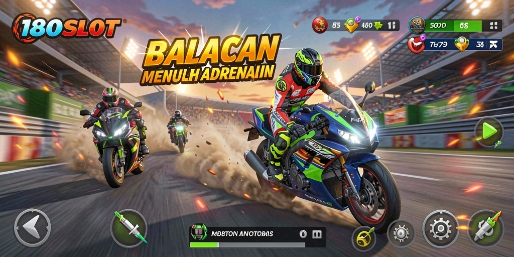 Screenshot gameplay 180SLOT menampilkan balapan motor yang intens dan mendebarkan.