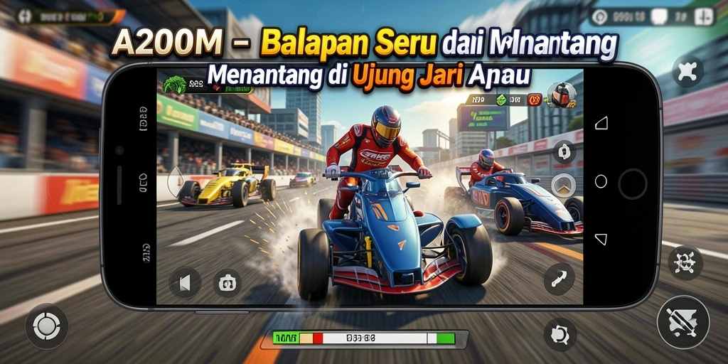 Screenshot A200M menunjukkan aksi balapan yang mendebarkan dan mobil yang menawan.