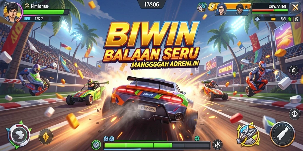 Screenshot gameplay BIWIN menampilkan balapan seru dengan mobil yang dapat dimodifikasi.