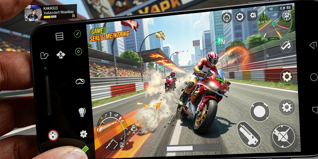 Screenshot gameplay KAKA303 yang menampilkan aksi balap motor yang mendebarkan.