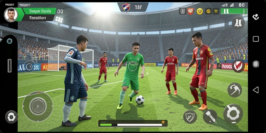 Screenshot gameplay PRG007 menampilkan aksi seru di lapangan sepak bola.