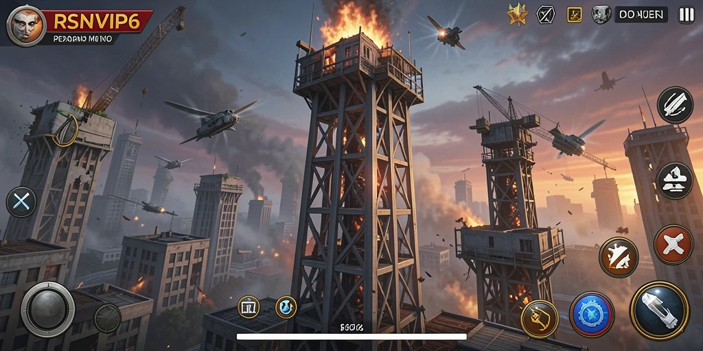 Tangkapan layar gameplay RSNVIP6 yang menunjukkan menara bertahan dari serangan musuh.