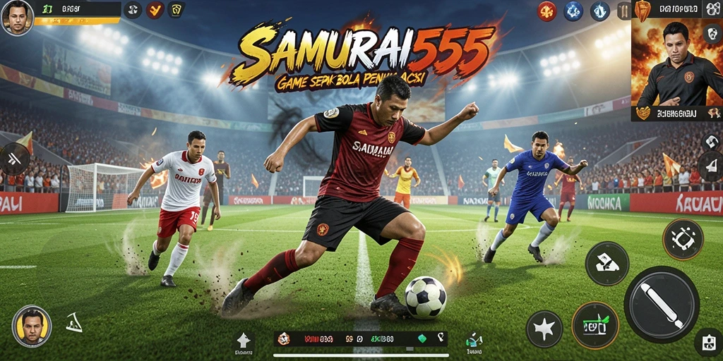 Screenshot utama SAMURAI555 menampilkan aksi mendebarkan di lapangan sepak bola.