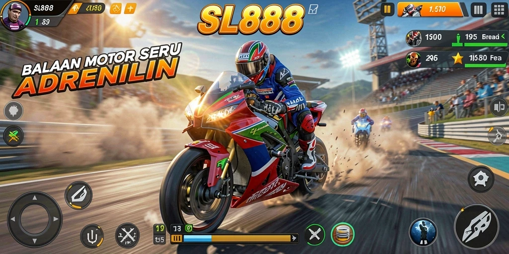 Screenshot gameplay SL888 menunjukkan balapan motor yang mendebarkan di lintasan.
