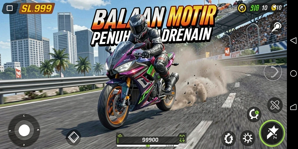 Screenshot gameplay SL999 dengan balapan motor yang mendebarkan.