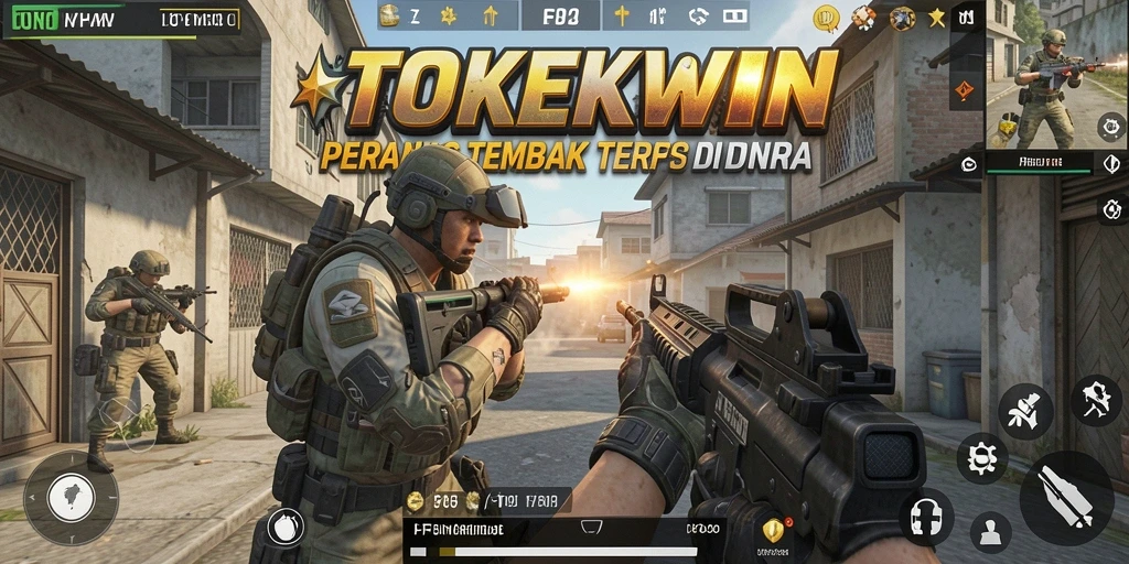 Screenshot utama TOKEKWIN menampilkan aksi menembak di medan perang yang intens.
