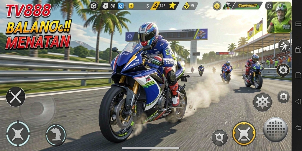 Tampilan gameplay balap motor yang mendebarkan dan menantang di TV888.