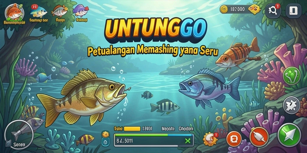 Tangkapan ikan di dalam game UNTUNGGO dengan suasana alam yang indah.